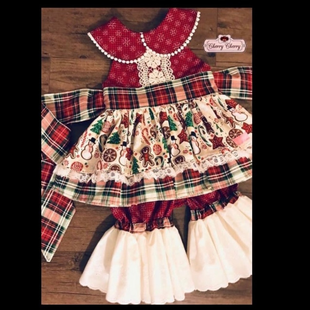 Cherry Cherry Designs Boutique Bloomer & Top Christmas Set Girls 3/6 months New